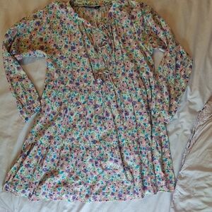 Floral Tie-Neck Peasant Dress Tunic in Pastel Floral